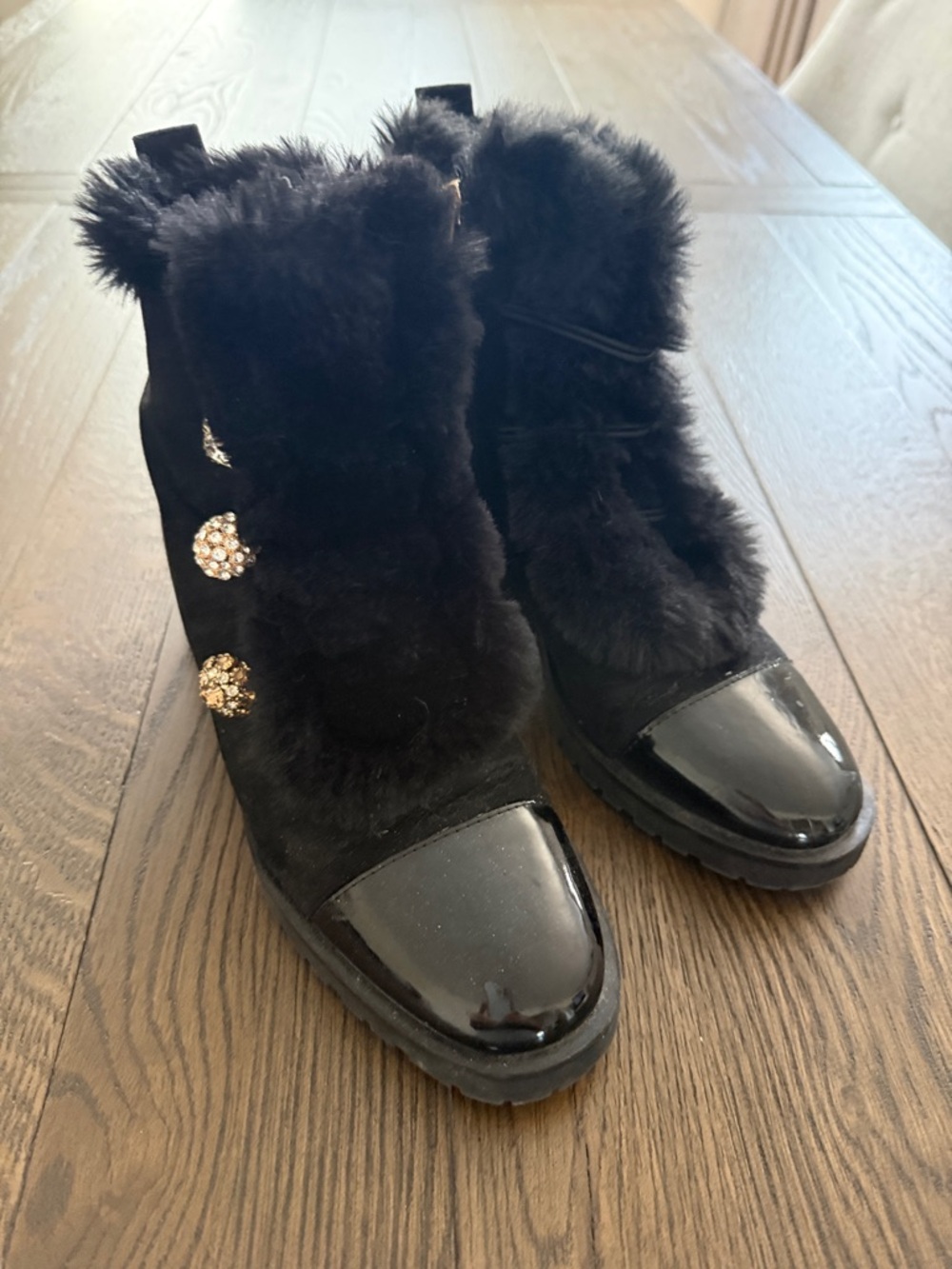 SOUL Naturalizer Black Faux Fur & Patent Toe Ankle Booties with Crystal Buttons